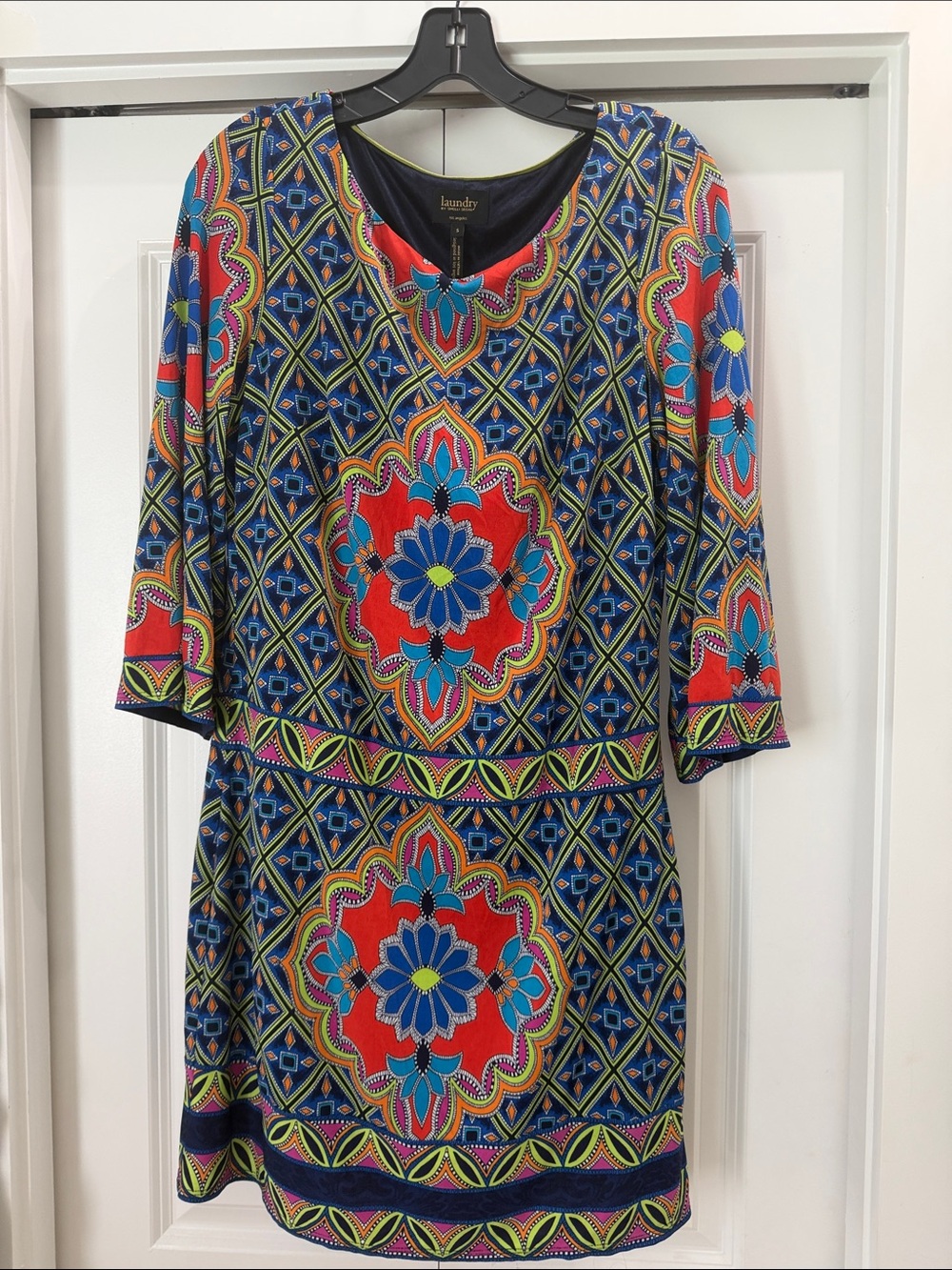 Laundry By Shelli Segal Blue Multicolor Geometric Floral Midi Dress